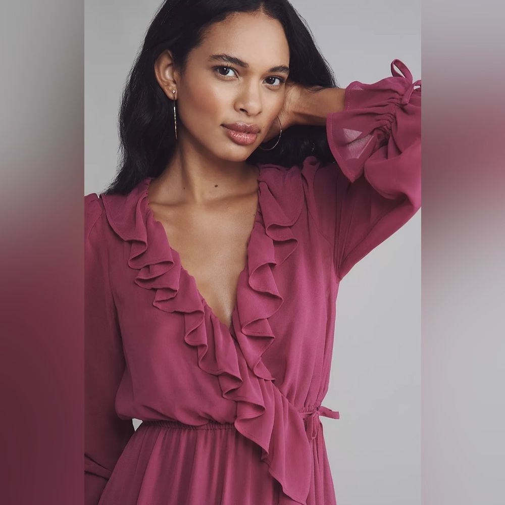 Anthropologie Long-Sleeve Ruffled Asymmetric Midi Dress - Picture 3 of 6